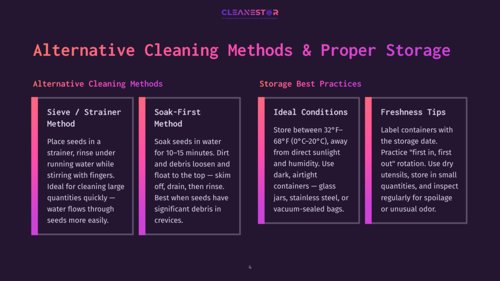 An Infographic Sectioned Into Four Parts: Alternative Cleaning Methods, Storage Best Practices, Sieve/Strainer Method, And Soak-First Method. The Sieve/Strainer Method Section Shows Seeds In A Strainer Being Rinsed Under Running Water. The Soak-First Method Section Describes Soaking Seeds In Water For 10-15 Minutes. The Storage Best Practices Section Advises Storing Seeds Between 32°F-68°F, Away From Direct Sunlight And Humidity. The Freshness Tips Section Includes Labeling Containers With The Storage Date And Practicing First-In, First-Out Rotation.