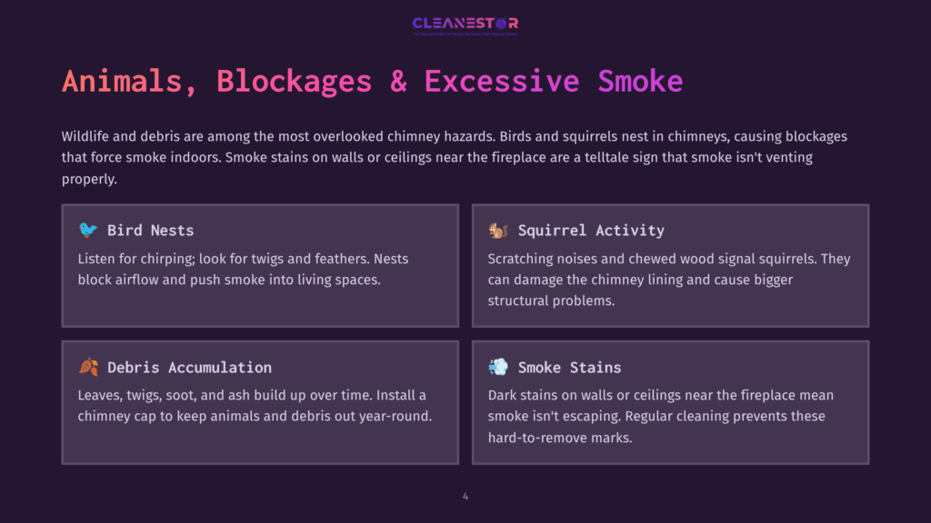 4 Animals Blockages And Excessive Smoke 1 Four Panels Illustrating Common Chimney Hazards: Bird Nests, Squirrel Activity, Debris Accumulation, And Smoke Stains, With Text From The Cleanestor Logo At The Top.