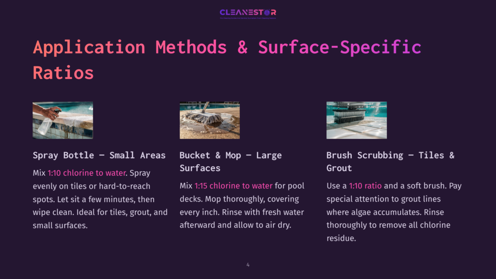 Three Methods For Applying Cleaning Solutions: Spray Bottle For Small Areas, Mop For Large Surfaces, And Brush Scrubbing For Tiles And Grout. Text Details Application Ratios Like 1:10 Chlorine To Water.