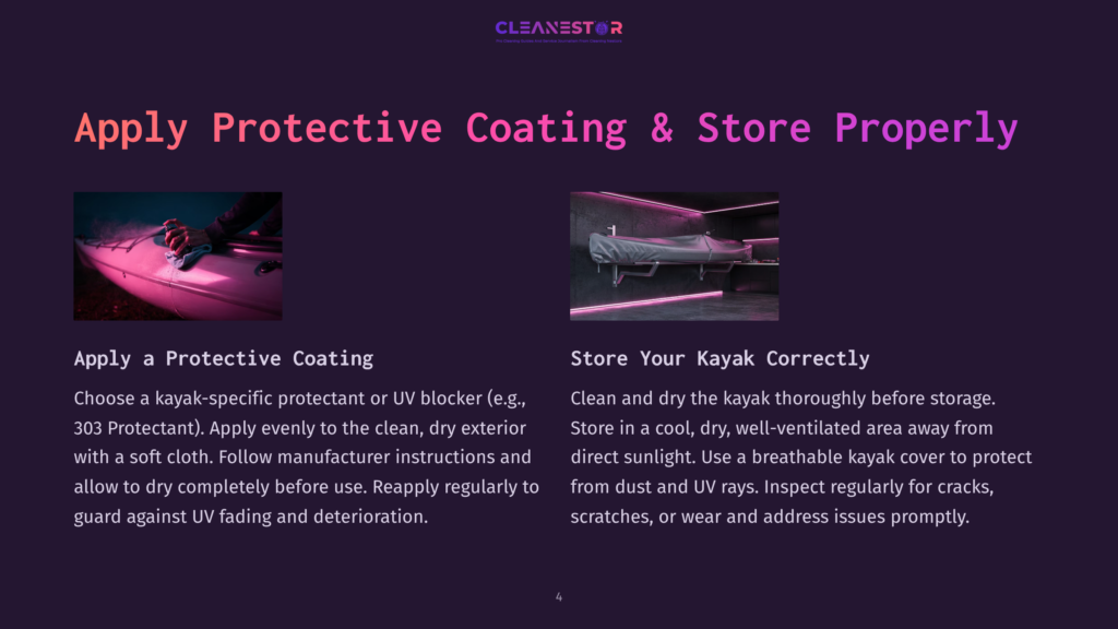 4 Apply Protective Coating And Store Properly A Person Applies A Protective Coating To A Pink Kayak With A Soft Cloth, Preparing It For Storage. The Kayak Is Pink And Shiny, Reflecting The Light.