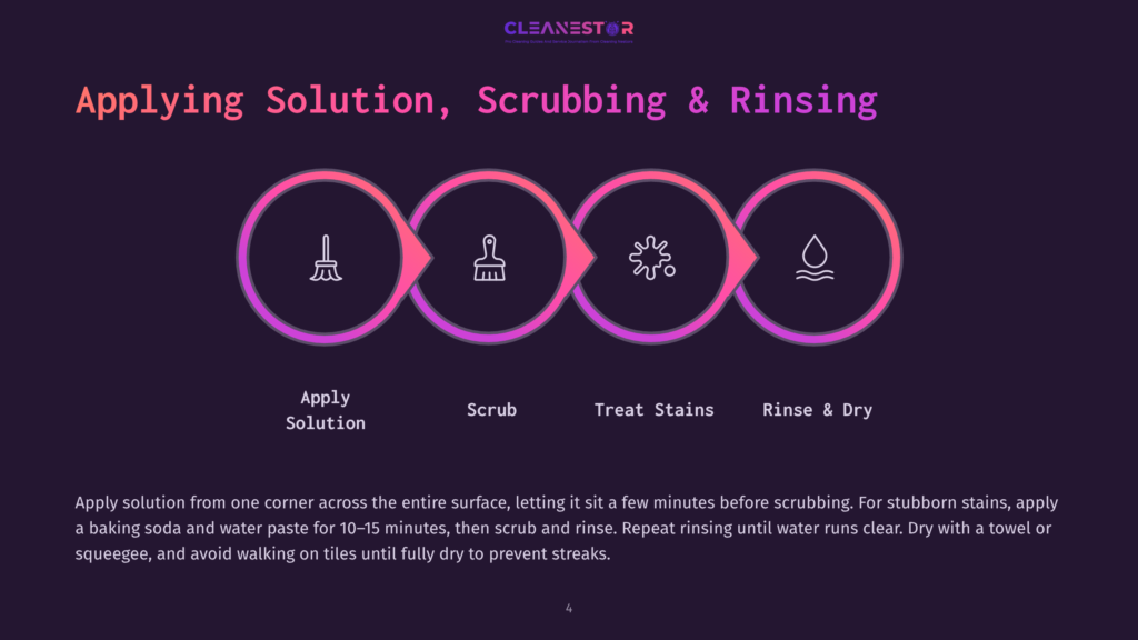 Infographic Illustrating The Four-Step Process For Applying Solution, Scrubbing, Treating Stains, And Rinsing And Drying, With Icons Representing Each Step And Accompanying Text.