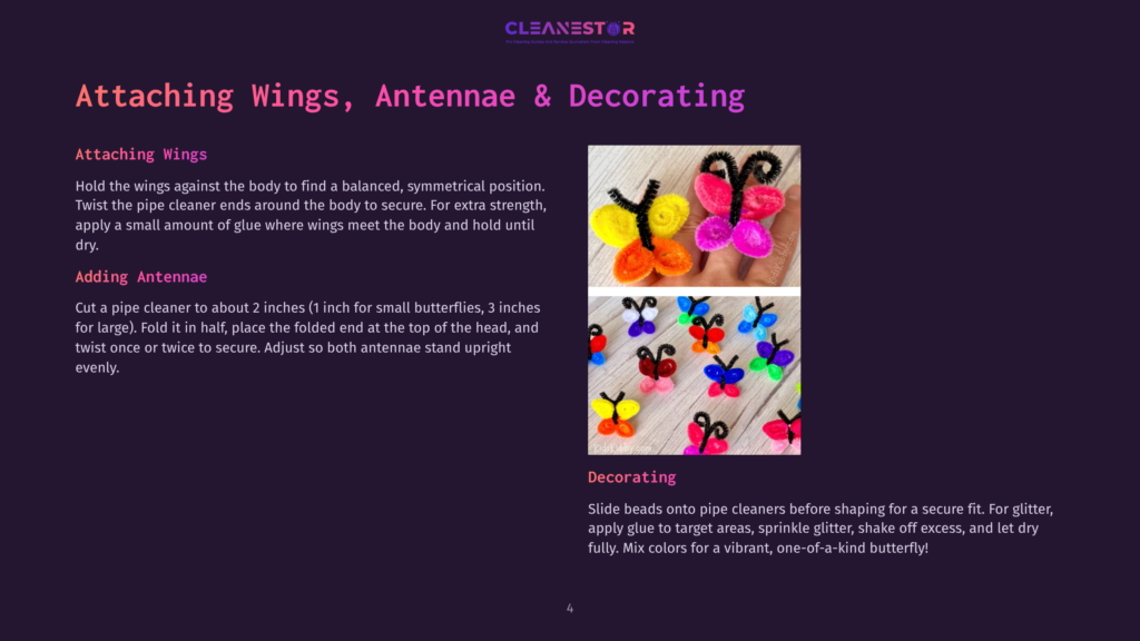 Close-Up Of Two Pipe Cleaner Butterflies With Colorful Wings, One Yellow And One Pink, Attached To A Fuzzy Brown Pipe Cleaner Body. Below, A Collection Of Smaller, Vibrant Pipe Cleaner Butterflies In Red, Blue, And Yellow Are Arranged On A Surface.