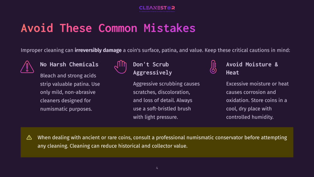 Infographic On Avoiding Common Coin Cleaning Mistakes: No Harsh Chemicals, No Aggressive Scrubbing, And Avoid Moisture &Amp; Heat. A Warning Box Advises Consulting A Conservator For Ancient Or Rare Coins.