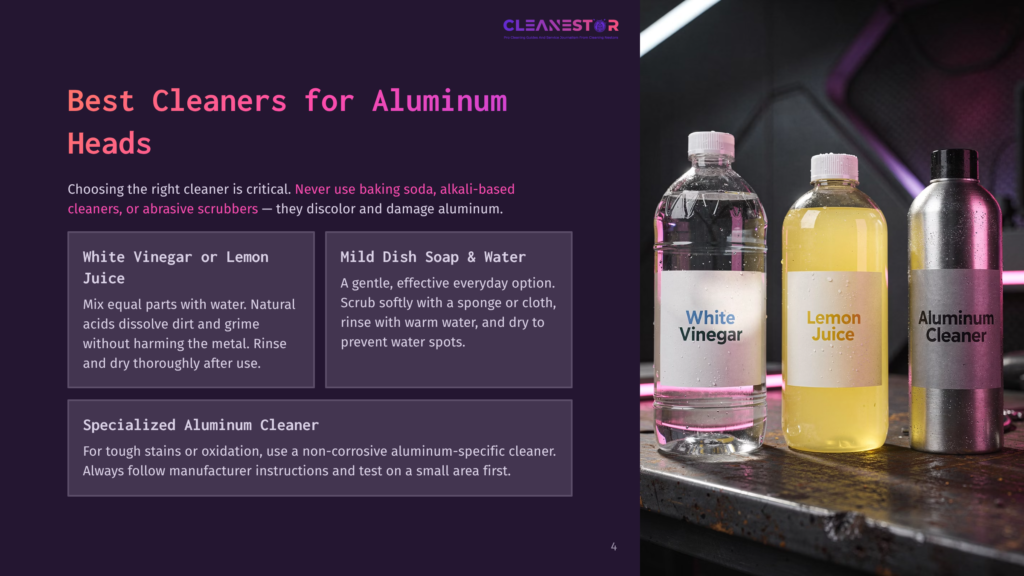Three Bottles Of Cleaning Solutions For Aluminum Heads: White Vinegar, Lemon Juice, And Aluminum Cleaner, Sit On A Metal Surface With A Purple And Pink Neon Glow In The Background.