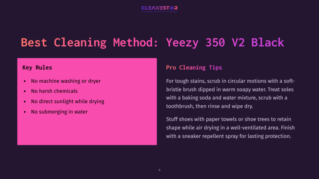 Infographic Detailing The Best Cleaning Method For Yeezy 350 V2 Black Shoes, Showing Key Rules And Pro Cleaning Tips.