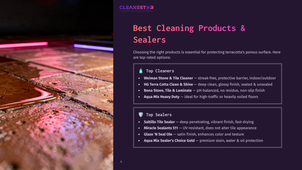 Close-Up Of Wet Terracotta Floor Tiles With A Glossy Finish, Reflecting Pink And Purple Neon Lights. The Image Highlights The Porous Surface And Sheen Of The Tiles, Suggesting A Cleaning Or Sealing Context.