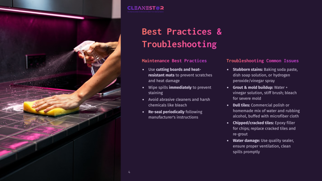 4 Best Practices And Troubleshooting A Person Cleaning A Tiled Countertop With A Sponge And Spray Bottle, Under A Purple Light, With Text Overlay About Best Practices And Troubleshooting.