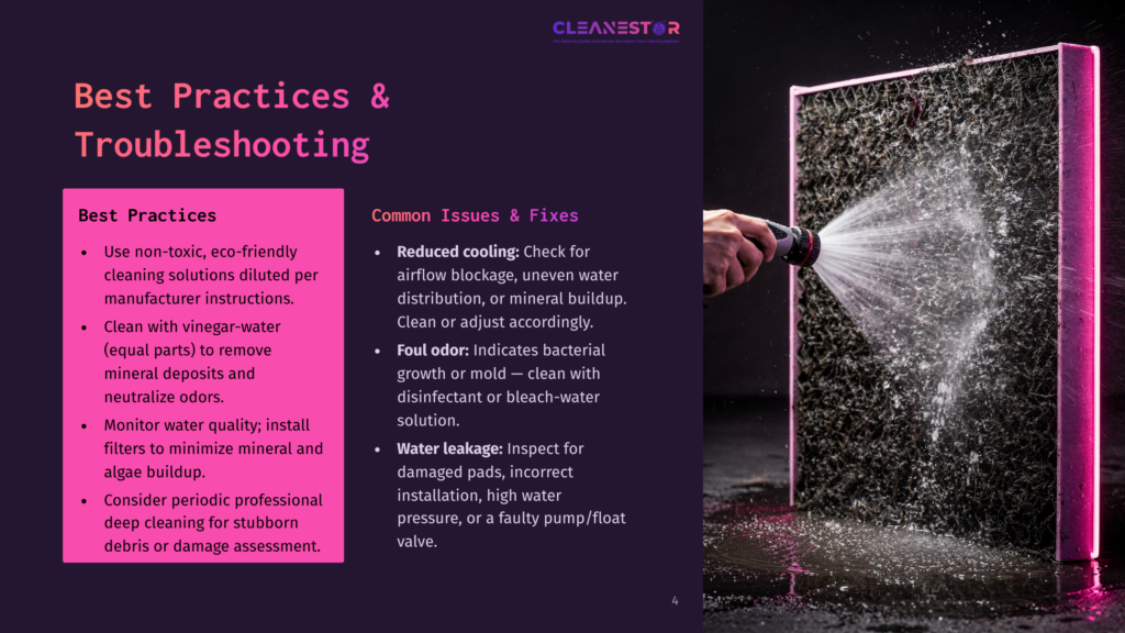 4 Best Practices And Troubleshooting 4 Close-Up Of A Hand Spraying Water Onto A Dirty, Dark Brown Air Filter Pad. The Water Creates A Misty Spray, Highlighting The Grime And Debris On The Filter. Text On The Left Provides Best Practices For Cleaning And Troubleshooting.