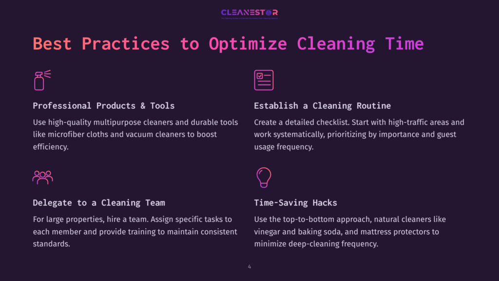 Cleanestor Logo And &Quot;Best Practices To Optimize Cleaning Time&Quot; Title Over A Dark Purple Background With Four Sections Detailing Professional Products, Cleaning Routines, Team Delegation, And Time-Saving Hacks.