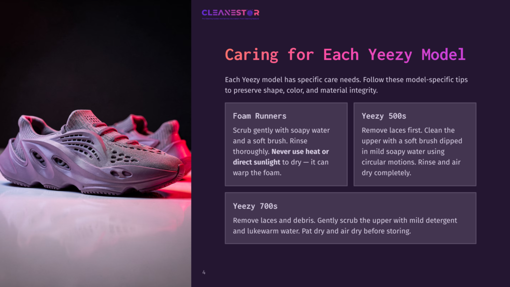 A Close-Up Of Yeezy Foam Runners And Yeezy 700S Sneakers, Side By Side On A Reflective Surface, With Care Instructions Displayed Above Them.