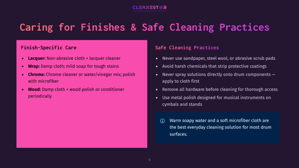 4 Caring For Finishes And Safe Cleaning Practices Caring For Finishes &Amp; Safe Cleaning Practices&Quot; Slide With Two Columns: &Quot;Finish-Specific Care&Quot; Listing Lacquer, Wrap, Chrome, And Wood Cleaning Tips, And &Quot;Safe Cleaning Practices&Quot; With Bullet Points On Avoiding Harsh Chemicals And Using Warm Soapy Water.