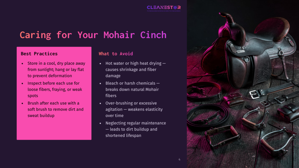 Close-Up Of A Western Saddle With Mohair Cinch And Girth Straps, On A Dark Wooden Surface. Text Overlay: &Quot;Cleanestar Caring For Your Mohair Cinch&Quot;.