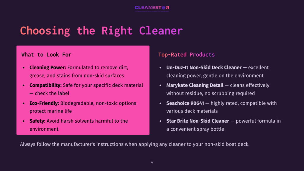 Cleanestor Logo And Text &Quot;Choosing The Right Cleaner&Quot; With Sections &Quot;What To Look For&Quot; And &Quot;Top-Rated Products&Quot; Detailing Cleaner Features And Brands Like Un-Duz-It, Marykate, And Seachoice.