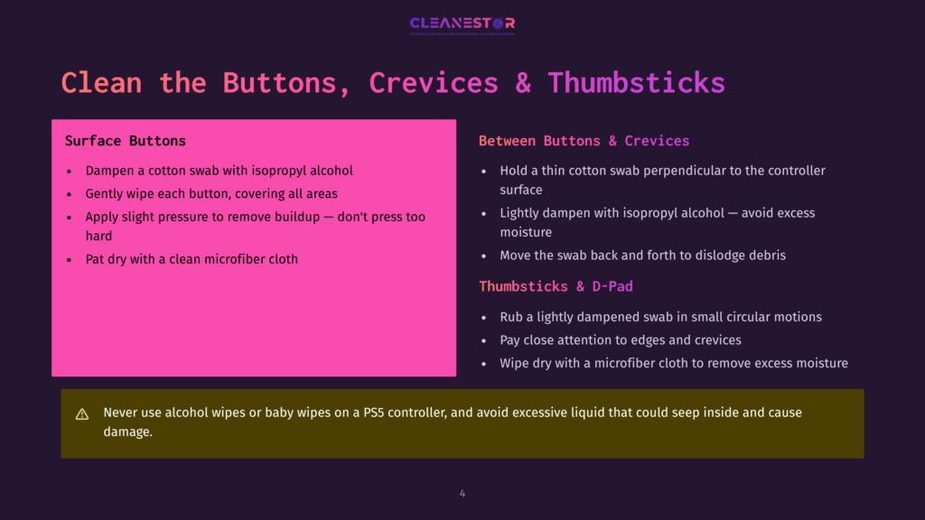 4 Clean The Buttons Crevices And Thumbsticks A Slide Titled &Quot;Clean The Buttons, Crevices &Amp; Thumbsticks&Quot; Provides Instructions For Cleaning Game Controllers, With Sections On Surface Buttons And Between Buttons &Amp; Crevices, And A Warning About Alcohol And Baby Wipes.