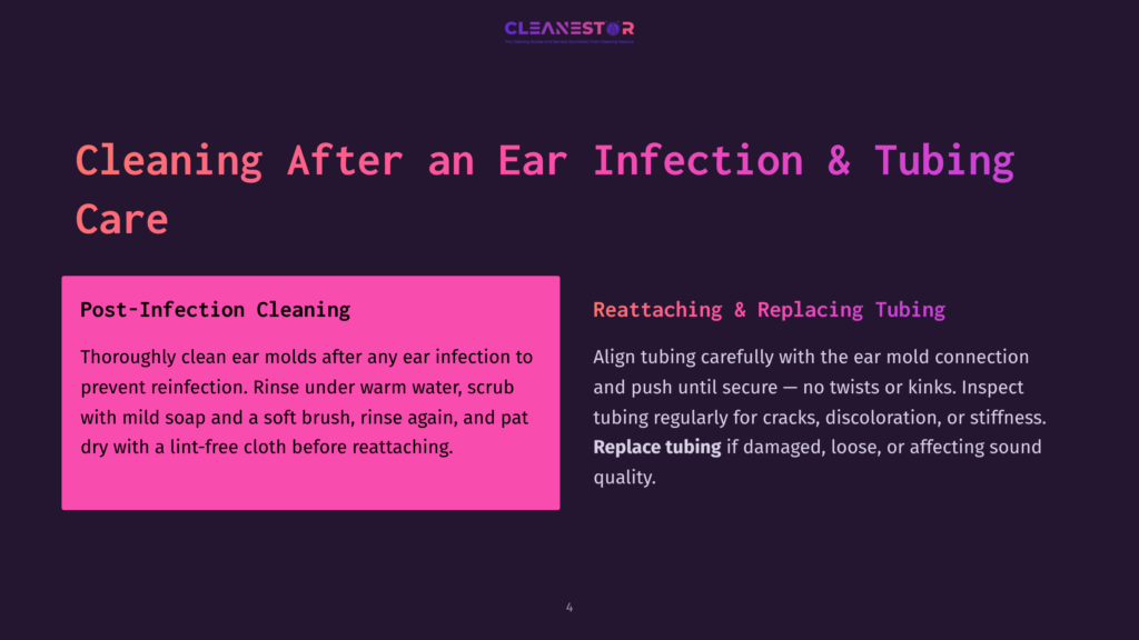 4 Cleaning After An Ear Infection And Tubing Care Cleanestor Logo At The Top. Text Reads &Quot;Cleaning After An Ear Infection &Amp; Tubing Care.&Quot; Left Side: &Quot;Post-Infection Cleaning&Quot; With Instructions. Right Side: &Quot;Reattaching &Amp; Replacing Tubing&Quot; With Instructions, Including &Quot;Replace Tubing.