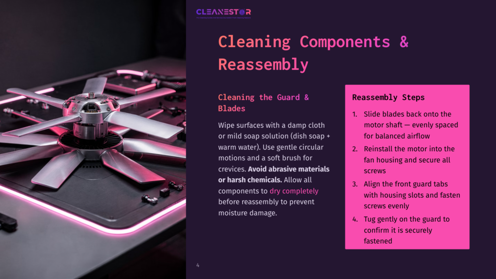 Close-Up Of A Large, Metal Fan With Eight Blades, Illuminated By Purple Light, Sitting On A Dark, Textured Surface. Text Overlay Reads &Quot;Cleanestor Cleaning Components &Amp; Reassembly&Quot;.