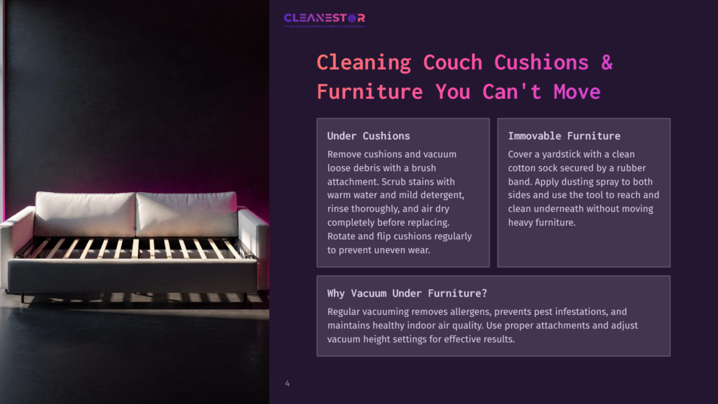 Cleanestor Logo And Text &Quot;Cleaning Couch Cushions &Amp; Furniture You Can'T Move&Quot;. Below, Tips For Cleaning Under Cushions And Immovable Furniture, With A Photo Of A Modern White Couch On A Dark Background.