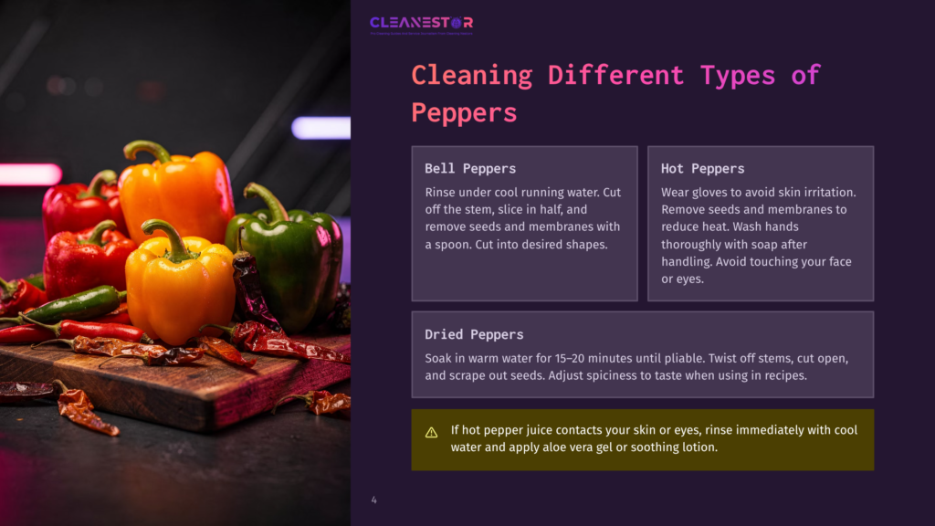 A Close-Up Shot Of Vibrant Bell Peppers And Dried Chili Peppers On A Wooden Cutting Board, With Text Overlay About Cleaning Different Types Of Peppers.