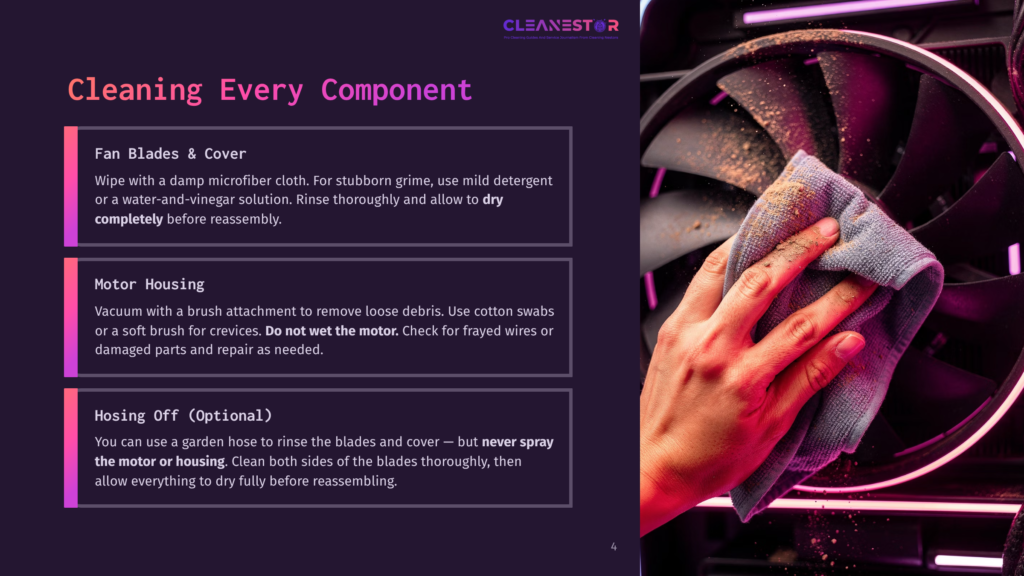 4 Cleaning Every Component Close-Up Of A Hand Gently Wiping A Dusty Computer Fan Blade With A Purple Microfiber Cloth, Illustrating A Step In Cleaning Computer Components.