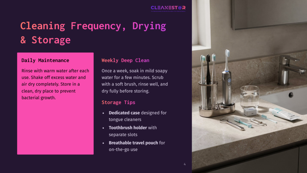 A Clean And Organized Bathroom Countertop With A Toothbrush Holder, Toothbrushes, And A Glass Of Water. The Text &Quot;Cleanestor&Quot; Is Visible At The Top.