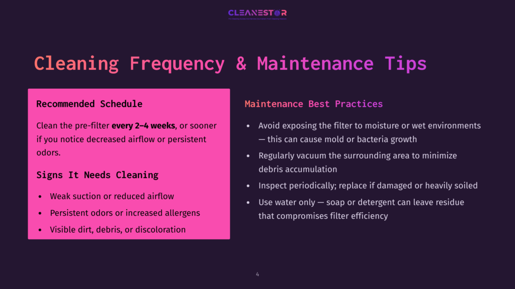 A Presentation Slide Titled &Quot;Cleaning Frequency &Amp; Maintenance Tips&Quot; From Cleanestor, Detailing Recommended Schedules And Maintenance Best Practices For Cleaning Equipment.