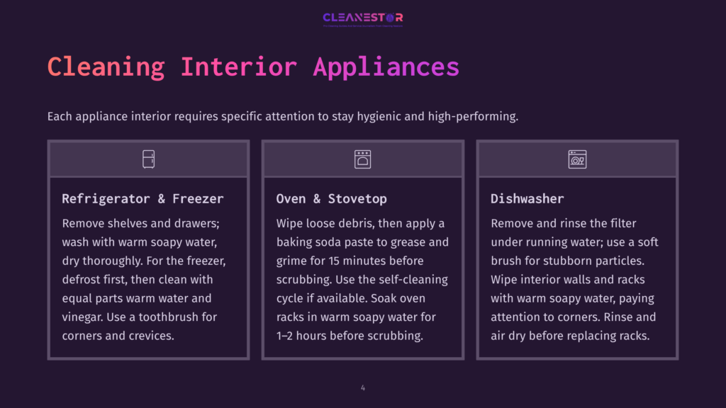 Infographic Titled &Quot;Cleaning Interior Appliances&Quot; With Three Sections: Refrigerator &Amp; Freezer, Oven &Amp; Stovetop, And Dishwasher, Detailing Cleaning Steps.