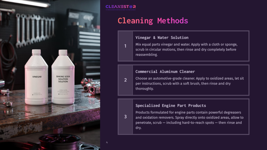 Two Bottles Of Cleaning Solutions, Labeled &Quot;Vinegar&Quot; And &Quot;Baking Soda Solution,&Quot; Sit On A Workbench Next To Automotive Parts And Tools. The Background Shows A Workshop Setting With A Wall Of Wrenches.