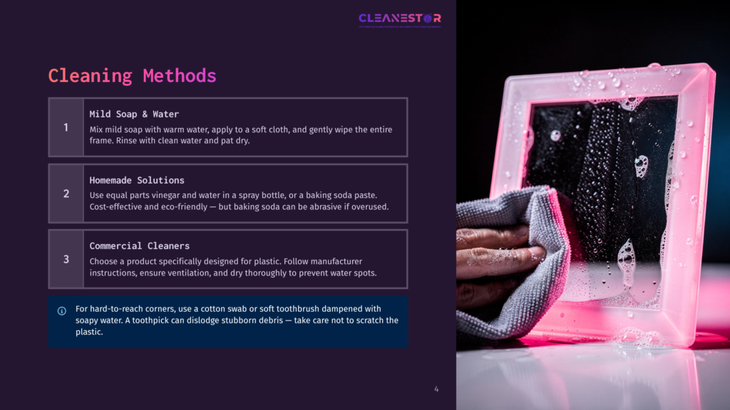 Cleaning Methods: Mild Soap &Amp; Water, Homemade Solutions, Commercial Cleaners. A Hand Wipes A Soapy, Pink-Lit Picture Frame With A Microfiber Cloth.