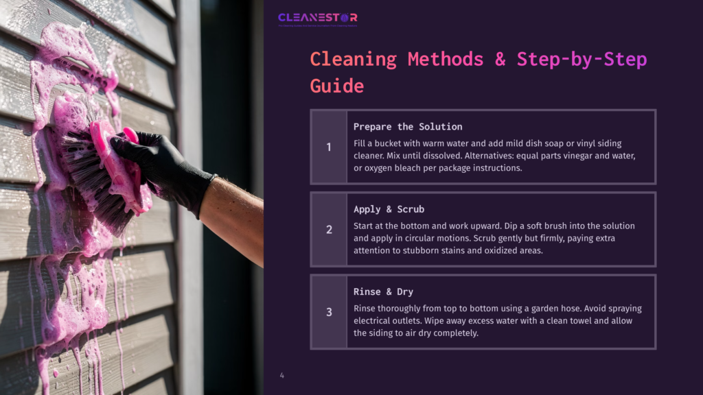 Close-Up Of A Gloved Hand Scrubbing Siding With A Pink Brush And Purple Foam, Illustrating The Cleanestor Cleaning Methods Step-By-Step Guide.