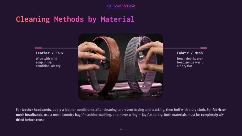 4 Cleaning Methods By Material 1 Cleaning Methods For Headbands: Leather/Faux Leather Headband Being Conditioned, And A Fabric/Mesh Headband Being Rinsed. Text Reads &Quot;Cleaning Methods By Material&Quot;.