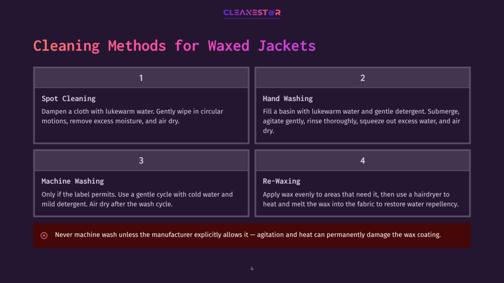Infographic Detailing Four Cleaning Methods For Waxed Jackets: Spot Cleaning, Hand Washing, Machine Washing, And Re-Waxing. Includes A Warning Against Machine Washing.