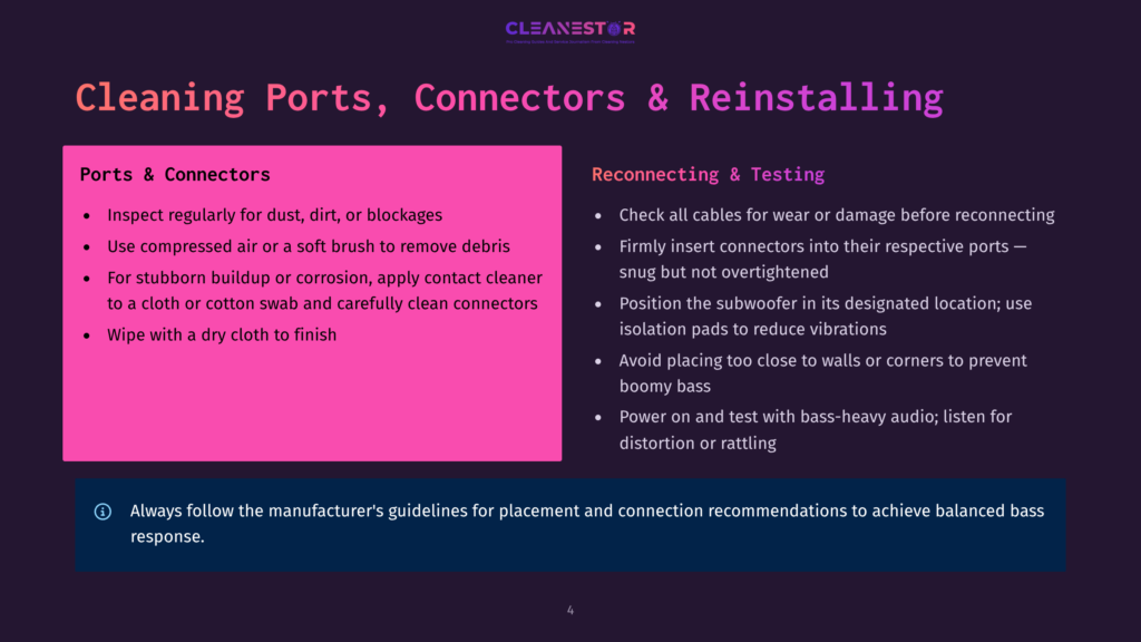 Presentation Slide Titled &Quot;Cleaning Ports, Connectors &Amp; Reinstalling&Quot; With Bullet Points On Port Cleaning And Reconnection Procedures, Including A &Quot;Cleanestor&Quot; Logo.