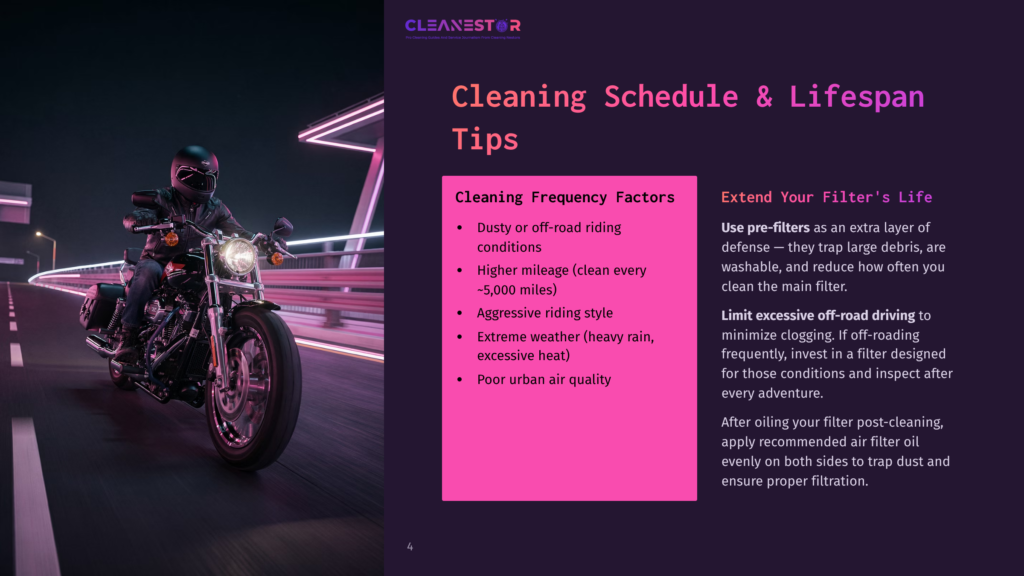 4 Cleaning Schedule And Lifespan Tips A Biker In A Black Leather Jacket And Helmet Rides A Powerful Motorcycle On A Winding Road At Dusk. The Image Features The Cleanestor Logo And Text About Cleaning Frequency Factors And Extending Filter Life.