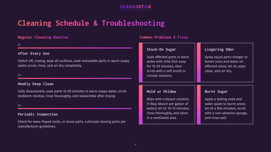 Cleaning Schedule &Amp; Troubleshooting Guide With Sections On Regular Cleaning Routine, Weekly Deep Clean, Periodic Inspection, And Common Problems &Amp; Fixes Like Stuck-On Sugar, Lingering Odor, Mold Or Mildew, And Burnt Sugar.
