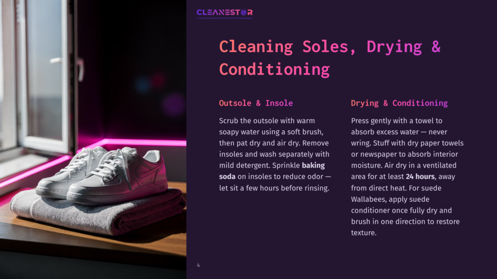 White Nike Air Force 1 Sneakers Are Cleaned And Conditioned On A Grey Towel Next To A Window. Text On The Right Side Of The Image Explains How To Clean Soles And Condition Shoes.