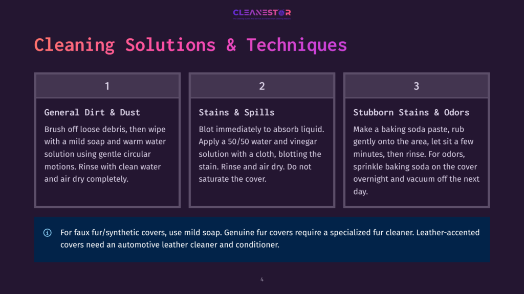 Infographic Titled &Quot;Cleaning Solutions &Amp; Techniques&Quot; Detailing Methods For General Dirt &Amp; Dust, Stains &Amp; Spills, And Stubborn Stains &Amp; Odors, With A Note About Faux Fur/Synthetic Covers.