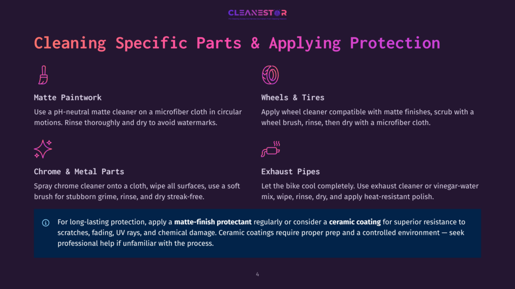Cleanestor Logo Above Text Detailing Cleaning Specific Parts And Applying Protection For Matte Paintwork, Wheels &Amp; Tires, Chrome &Amp; Metal Parts, And Exhaust Pipes.