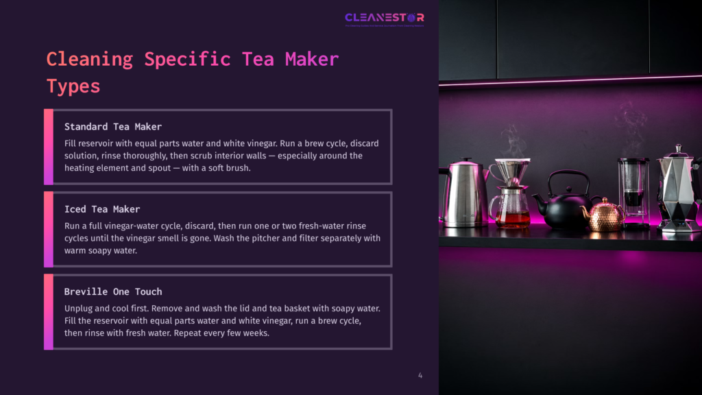 A Modern Kitchen Counter With A Black Backsplash Features Three Sleek Tea Makers: A Stainless Steel Pour-Over Coffee Maker With A Glass Carafe, A Black Stovetop Kettle, And A Silver Breville Tea Maker With A Removable Filter Basket, All Illuminated By Purple Led Lighting.