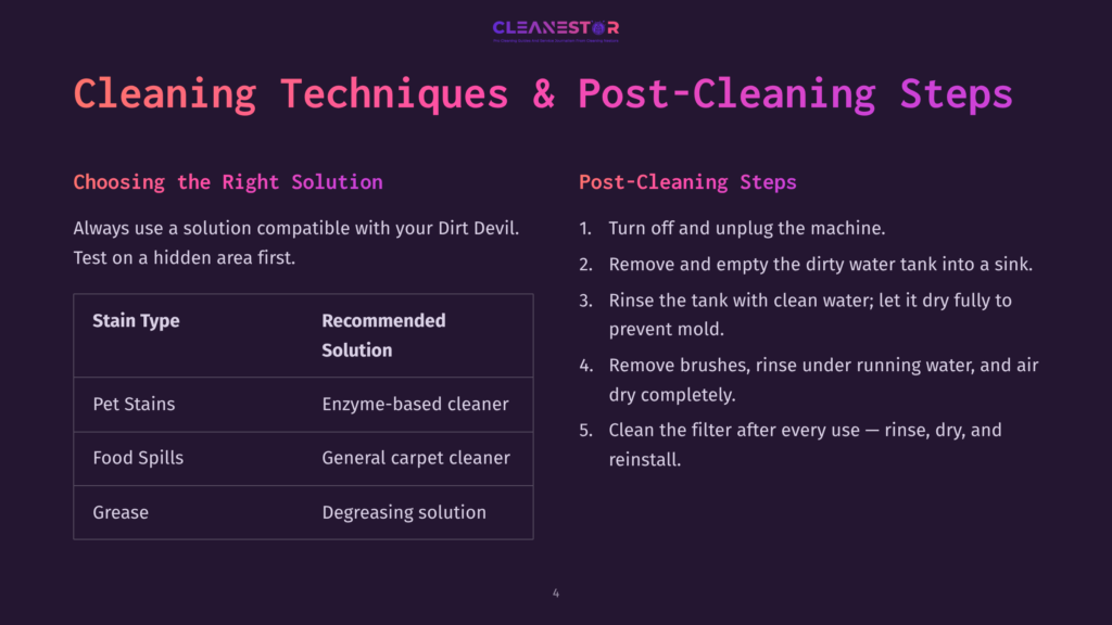 Cleanestor Cleaning Guide: &Quot;Cleaning Techniques &Amp; Post-Cleaning Steps&Quot; Details Stain Types Like Pet Stains, Food Spills, And Grease, Recommending Enzyme-Based Cleaner, General Carpet Cleaner, And Degreasing Solution. Post-Cleaning Steps Include Unplugging The Machine And Rinsing The Tank.