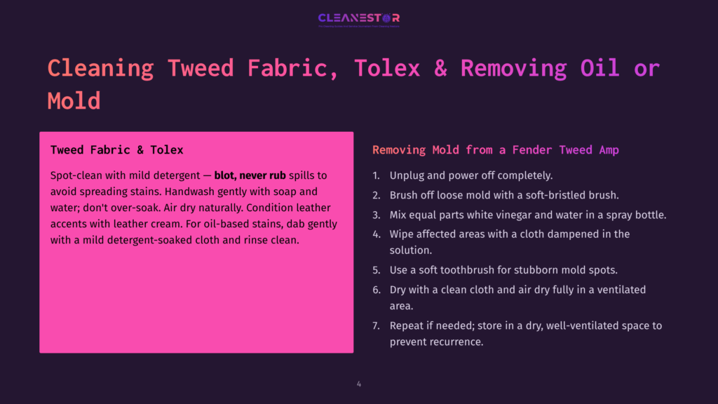Text On A Dark Purple Background: &Quot;Cleaning Tweed Fabric, Tolex &Amp; Removing Oil Or Mold&Quot;. Left Side Titled &Quot;Tweed Fabric &Amp; Tolex&Quot; With Cleaning Instructions. Right Side Titled &Quot;Removing Mold From A Fender Tweed Amp&Quot; With Mold Removal Steps.