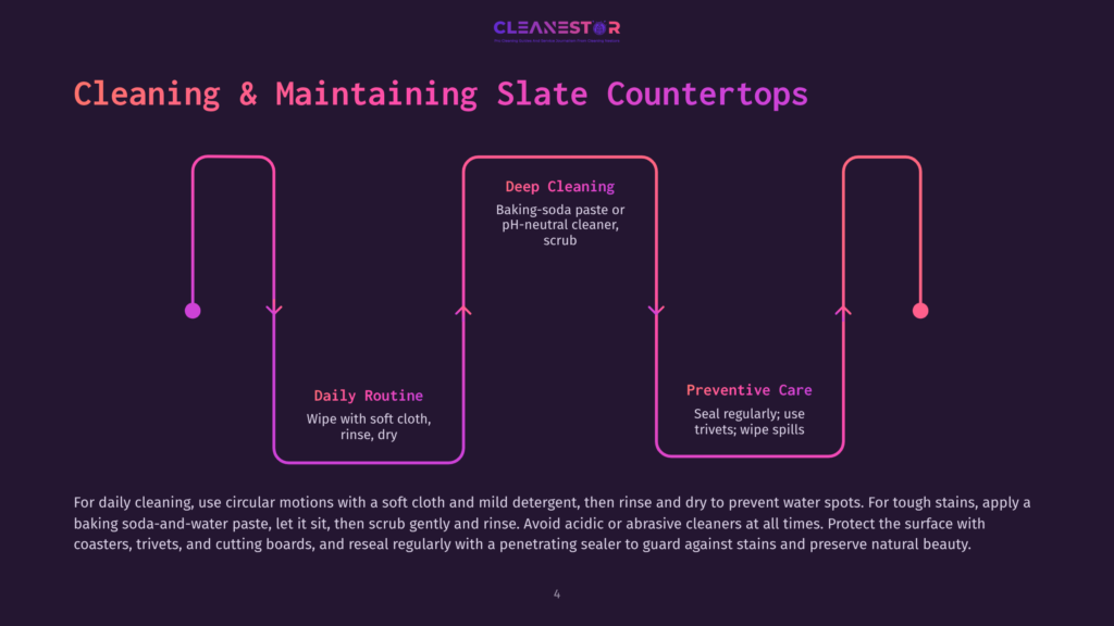 Infographic Detailing Slate Countertop Cleaning And Maintenance. Sections Cover Deep Cleaning With Baking Soda Paste, Daily Routine Of Wiping, And Preventive Care Using Coasters And Trivets. Text Highlights &Quot;Cleaning &Amp; Maintaining Slate Countertops&Quot;.