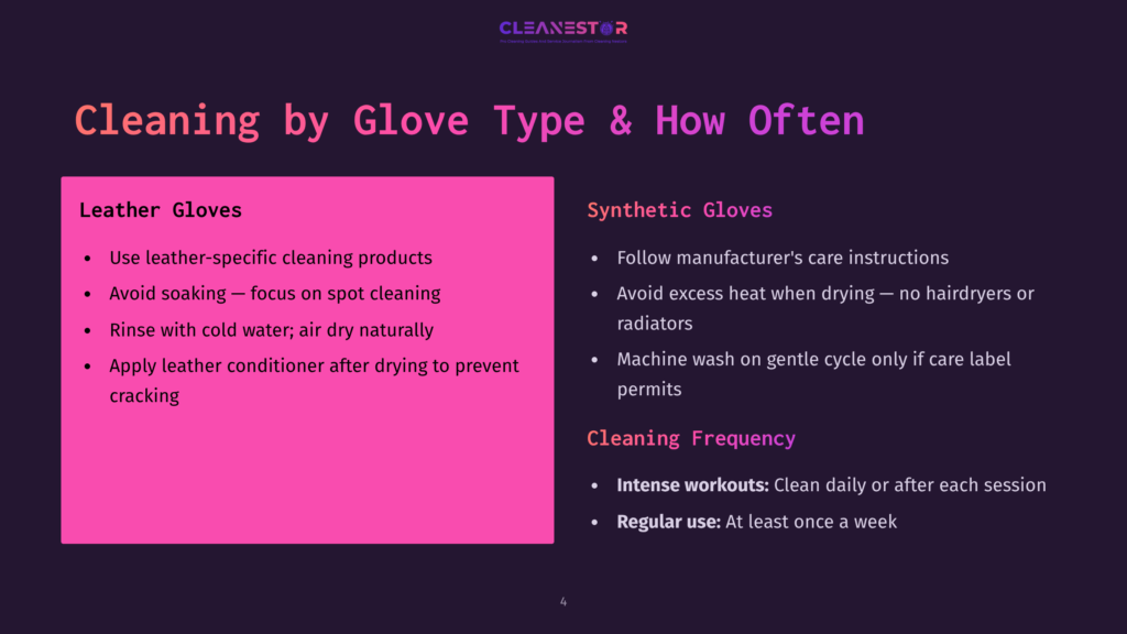 4 Cleaning By Glove Type And How Often Presentation Slide Titled &Quot;Cleaning By Glove Type &Amp; How Often,&Quot; Comparing Leather And Synthetic Glove Cleaning Methods And Frequency.