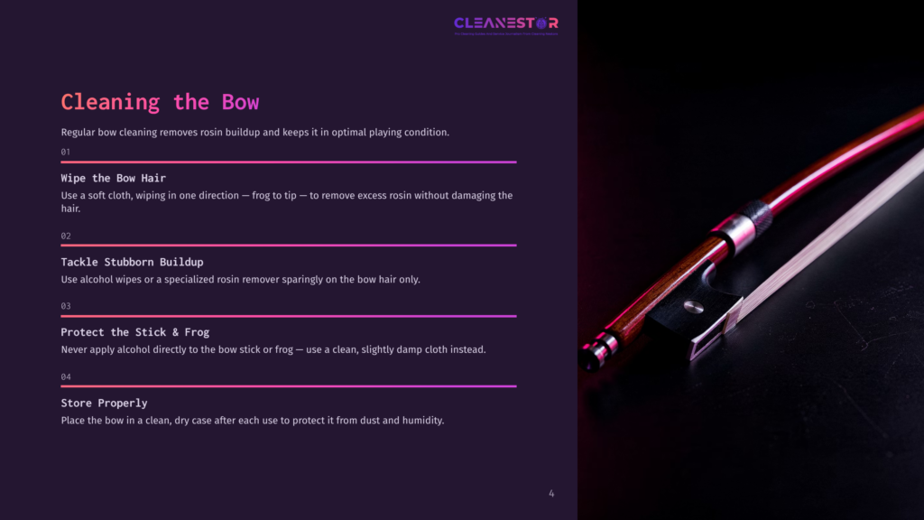 Close-Up Of A Violin Bow'S Frog And Grip, Showing The Dark Wood, Metal Ferrule, And White Hair, With Text Overlay &Quot;Cleaning The Bow&Quot; And Cleaning Tips.