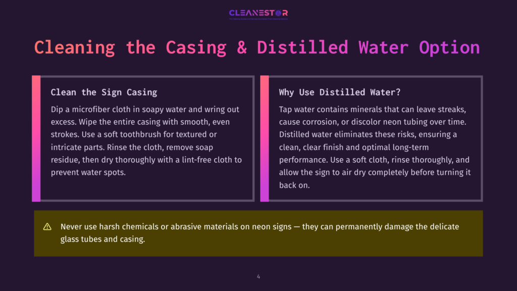 Diagram With Two Columns Detailing How To Clean Sign Casing With Microfiber Cloth And Why To Use Distilled Water For Cleaning Neon Signs.