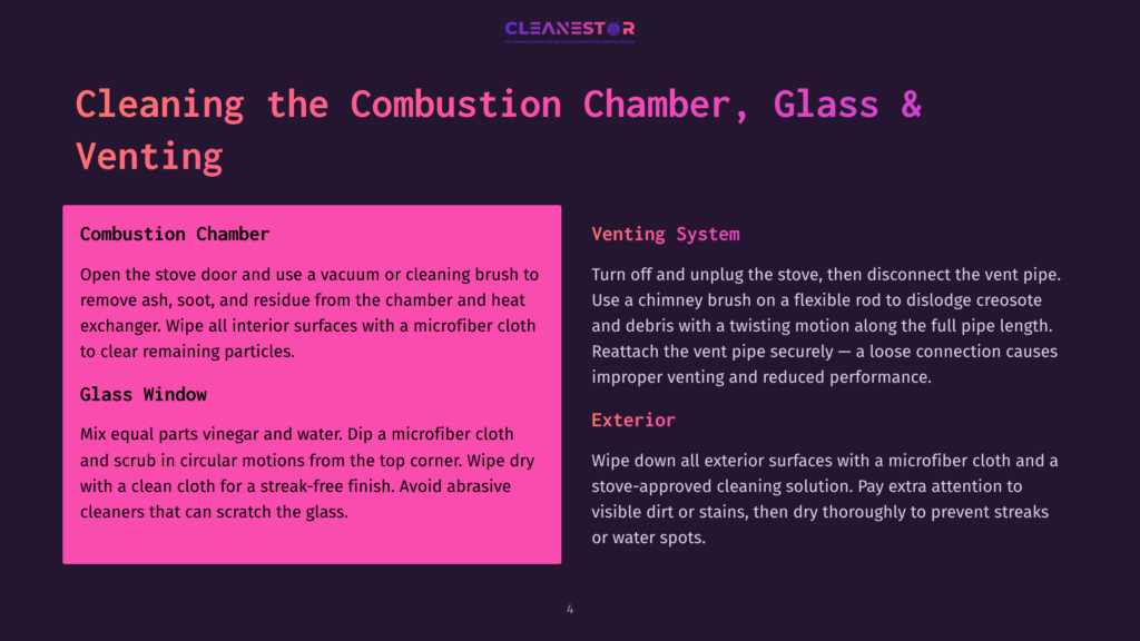 Text On A Dark Purple Background: &Quot;Cleaning The Combustion Chamber, Glass &Amp; Venting.&Quot; Sections Detail Cleaning Instructions For &Quot;Combustion Chamber,&Quot; &Quot;Glass Window,&Quot; And &Quot;Venting System&Quot; With Bullet Points.