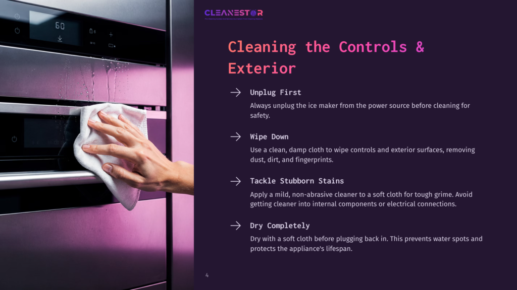 Close-Up Of A Hand Wiping Down A Stainless Steel Oven Control Panel With A White Cloth, Showing Cleaning Instructions From A &Quot;Cleanestor&Quot; Guide.