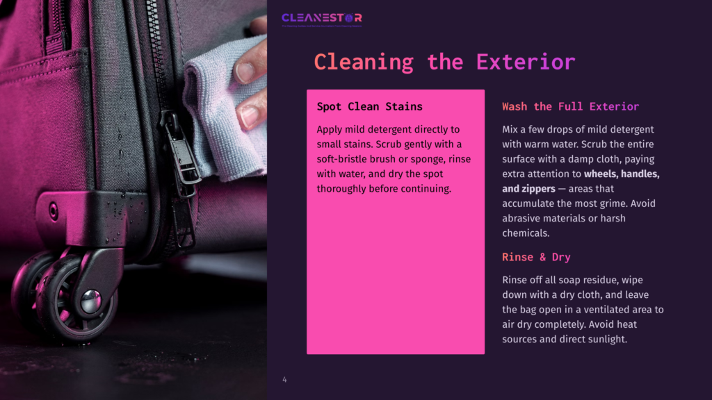 4 Cleaning The Exterior 1 Close-Up Of A Hand Gently Wiping A Dark Grey Suitcase With A White Cloth, Focusing On Cleaning The Exterior And Zippers. Text Overlay: &Quot;Cleanestor Cleaning The Exterior.