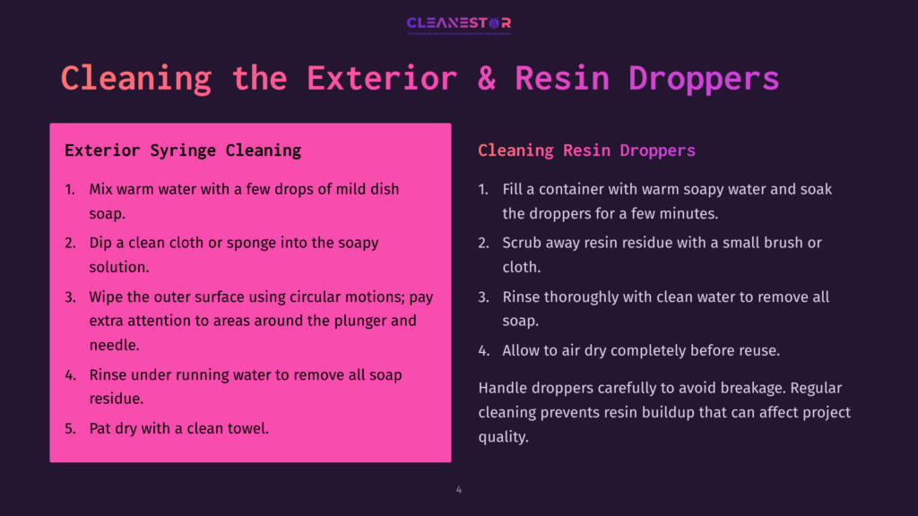 Infographic Titled &Quot;Cleaning The Exterior &Amp; Resin Droppers&Quot; With Instructions For Cleaning Syringe Droppers And Resin Droppers, Featuring A Dark Background And Pink Text Boxes.