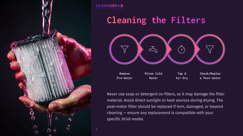 A Hand Holds A Wet, White Filter Under Running Water, With A Graphic Showing Steps To Clean The Filter: Rinse, Cold Water, Tap &Amp; Air-Dry, And Check/Replace. The Graphic Includes Icons For Each Step And Text: &Quot;Cleanestor&Quot;, &Quot;Cleaning The Filters&Quot;, &Quot;Remove Pre-Motor&Quot;, &Quot;Rinse Cold Water&Quot;, &Quot;Tap &Amp; Air-Dry&Quot;, &Quot;Check/Replace Post-Motor&Quot;.
