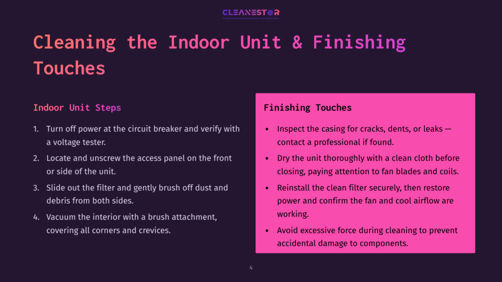 Slide Titled &Quot;Cleaning The Indoor Unit &Amp; Finishing Touches&Quot; From Cleanestor, Detailing Steps For Indoor Unit Cleaning And Finishing Touches.